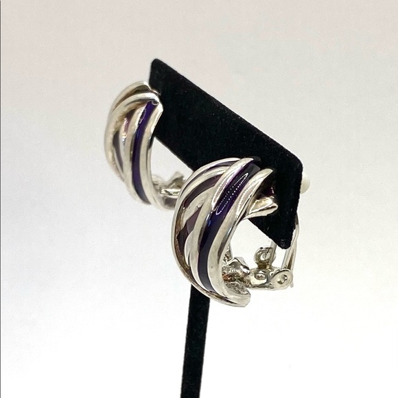 Clip Ons Clips Earrings Silver Tone Purple Maroon Enamel - Picture 7 of 11